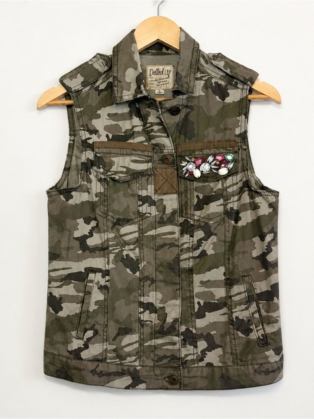 Dolled Up Women’s Camo Utility Vest Jeweled Rhinestone Embellished Size L